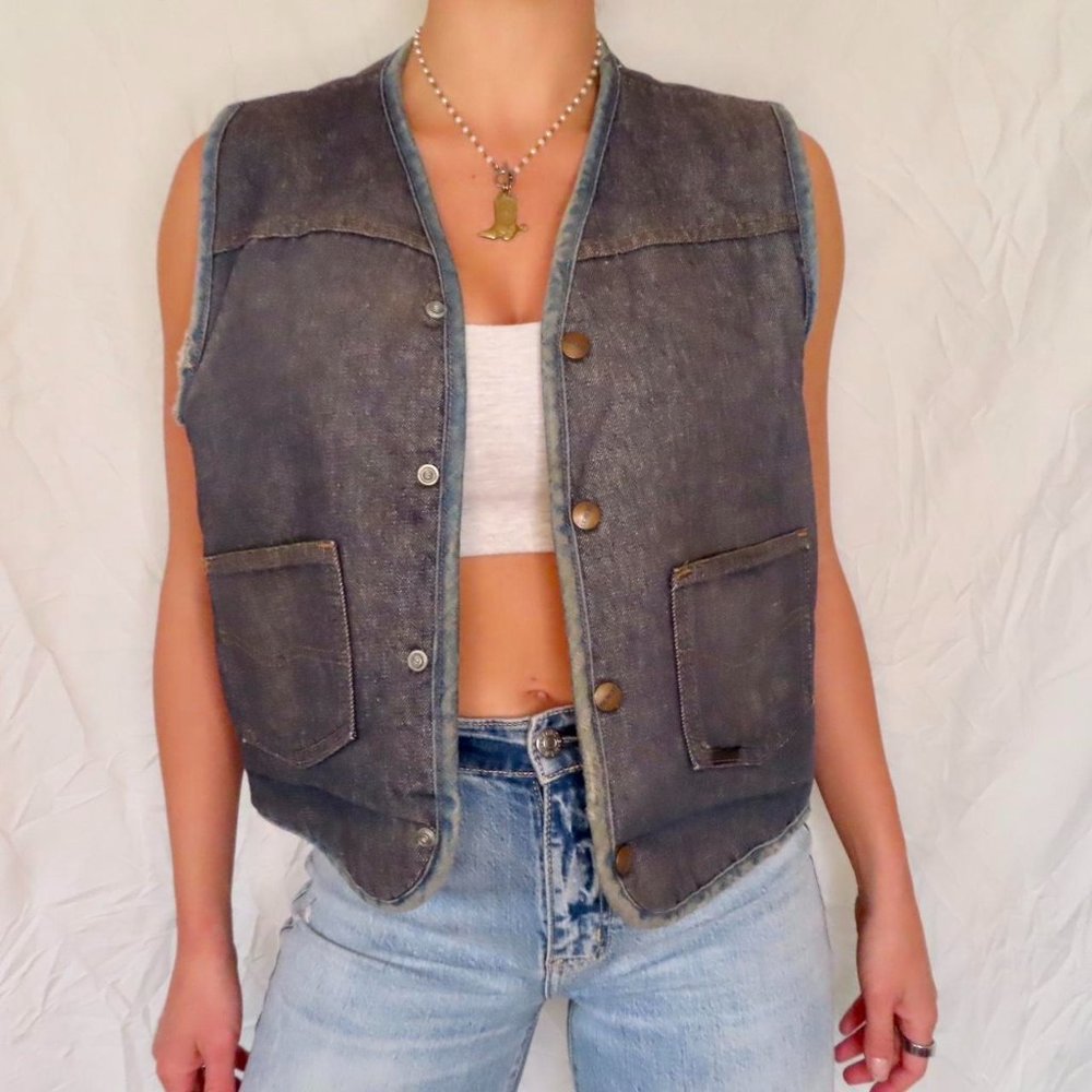 ROEBUCKS DENIM PATCH COUNTRY VEST SHEEPS FUR SIZE MEDIUM VINTAGE